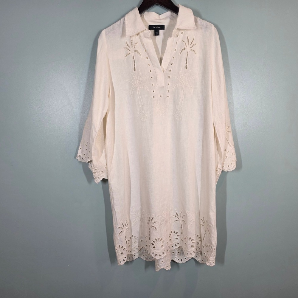 Karen Kane White Linen Eyelet Palm Tree Tunic Dress Womens Small 2L58002 Resort